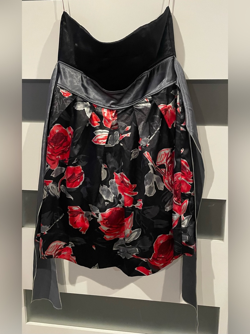 Dress Barn Black Strapless Dress with Red Rose Print